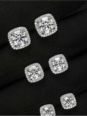 Sterling Silver Cushion Moissanite Halo Stud Earrings